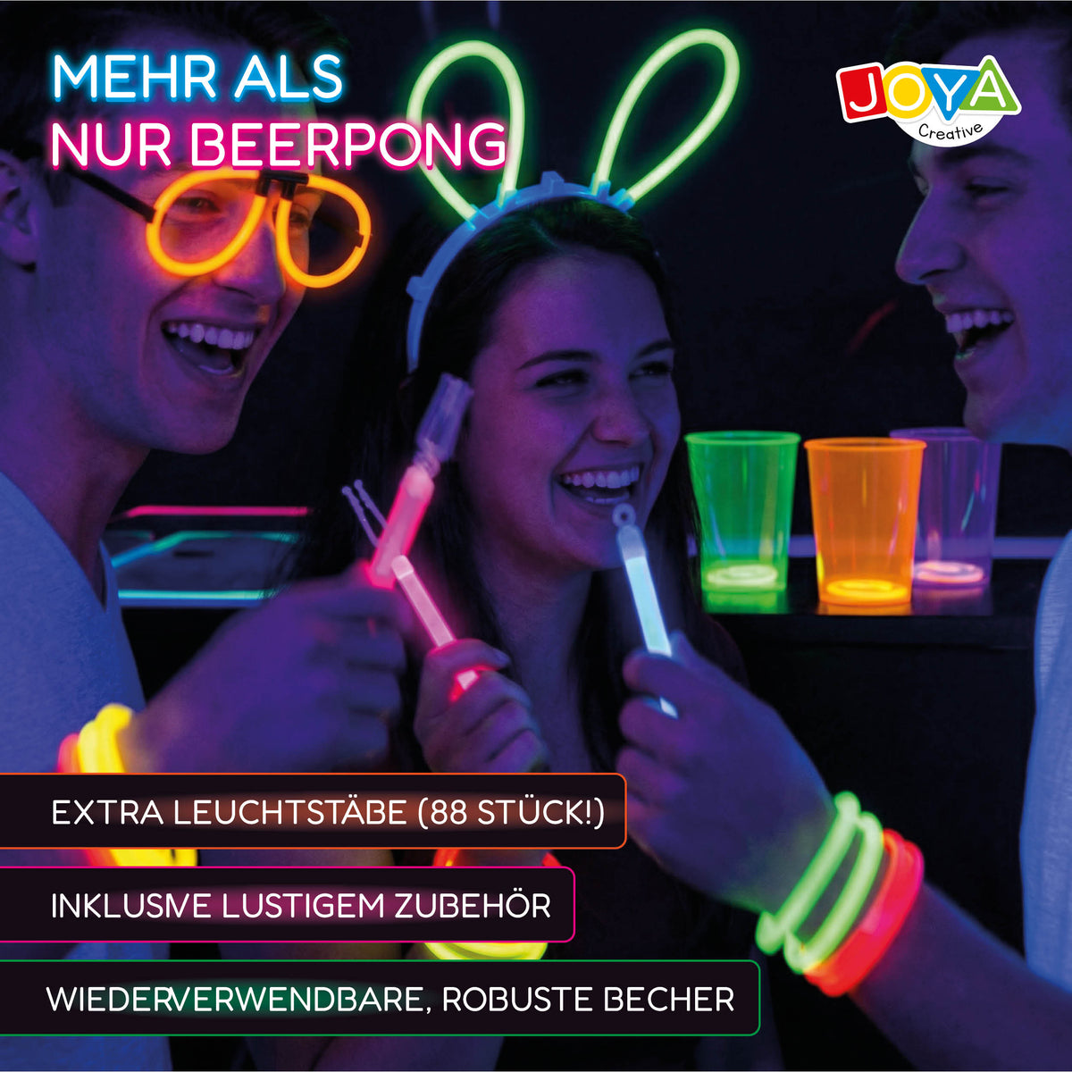 Joya Creative Beer Pong Glow in the Dark Set – Partyspiel mit 22 wiederverwendbaren Glow Cups, 88 Glow Sticks & Zubehör