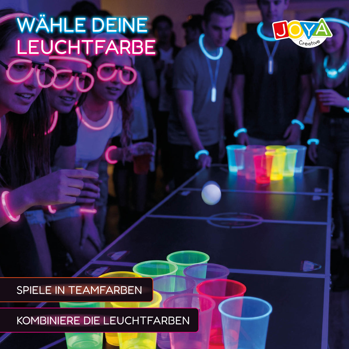 Joya Creative Beer Pong Glow in the Dark Set – Partyspiel mit 22 wiederverwendbaren Glow Cups, 88 Glow Sticks & Zubehör