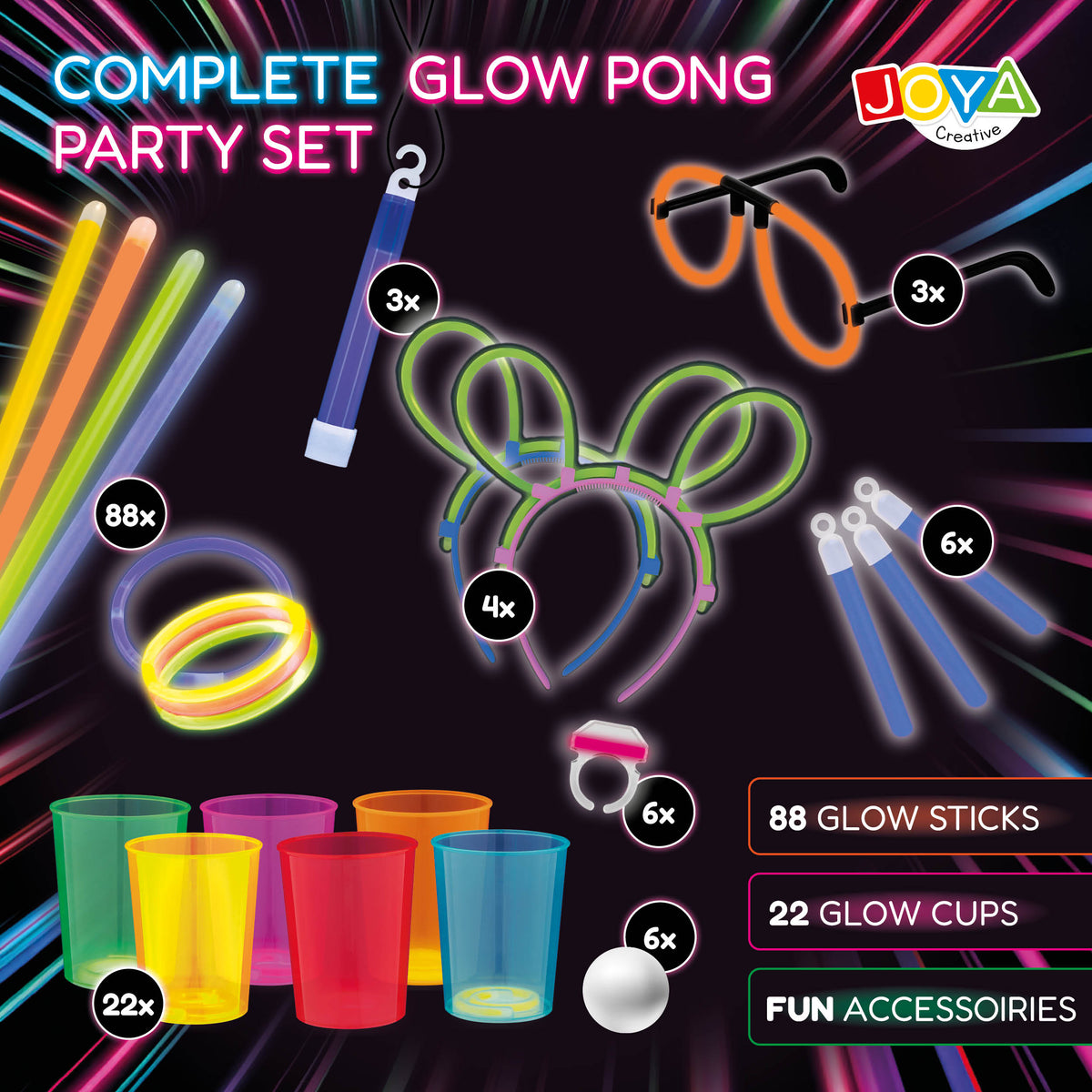 Joya Creative Beer Pong Glow in the Dark Set – Party Game with 22 Reusable Glow Cups, 88 Glow Sticks & Accessories