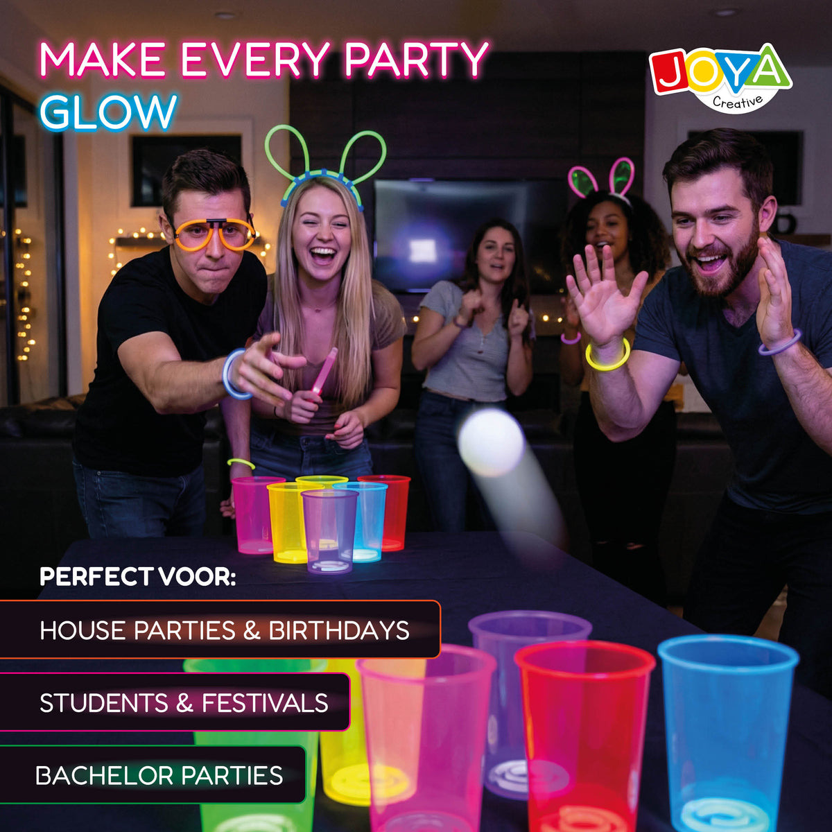 Joya Creative Beer Pong Glow in the Dark Set – Party Game with 22 Reusable Glow Cups, 88 Glow Sticks & Accessories