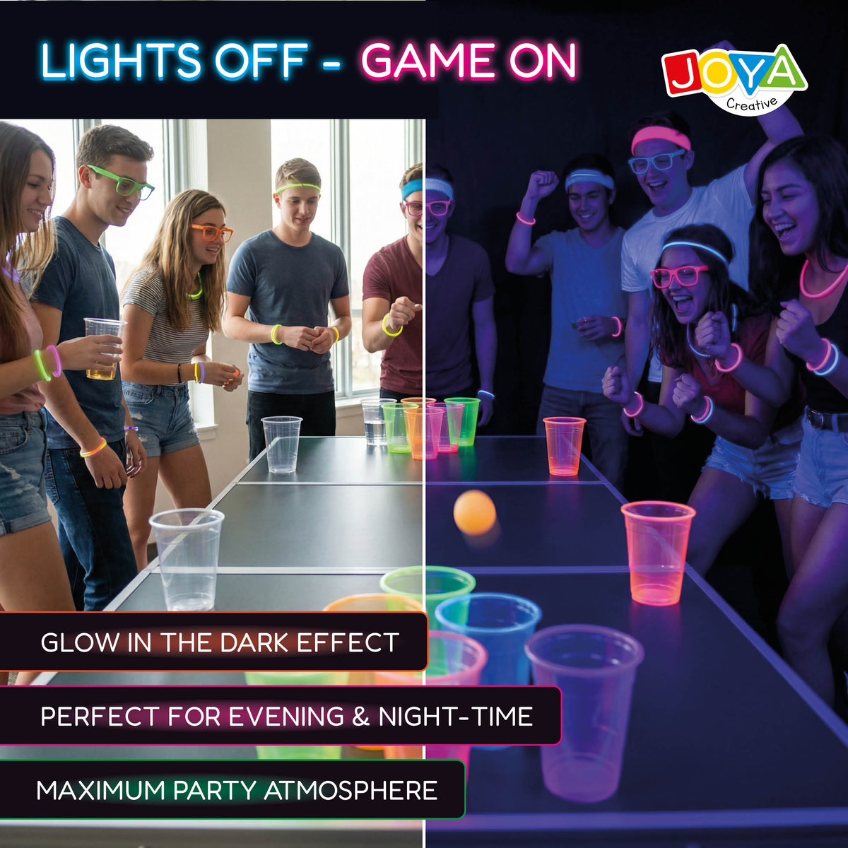 Joya Creative Beer Pong Glow in the Dark Set – Party Game with 22 Reusable Glow Cups, 88 Glow Sticks & Accessories