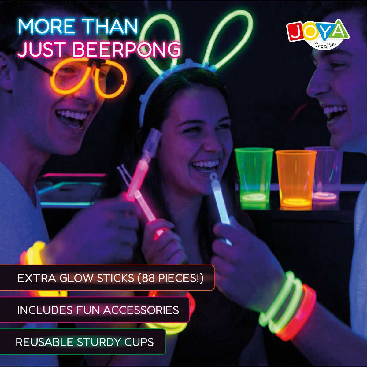Joya Creative Beer Pong Glow in the Dark Set – Party Game with 22 Reusable Glow Cups, 88 Glow Sticks & Accessories