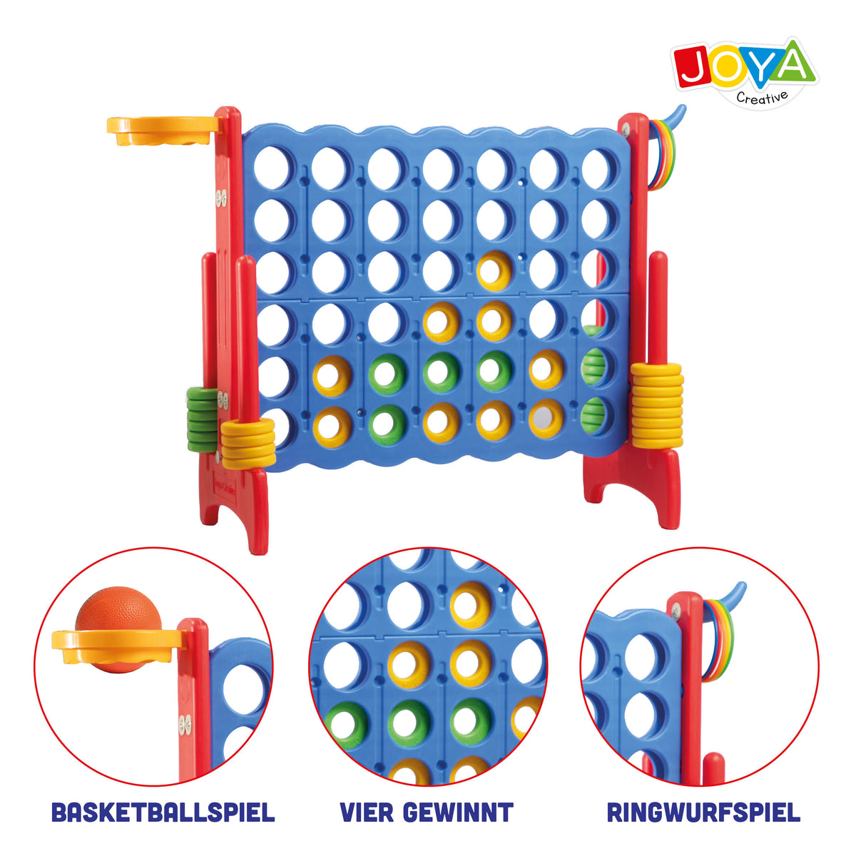 Joya Creative 3-in-1 Outdoor-Spielzeug – XXL 4-Gewinnt, Basketballspiel & Ringwurfspiel für drinnen und draußen