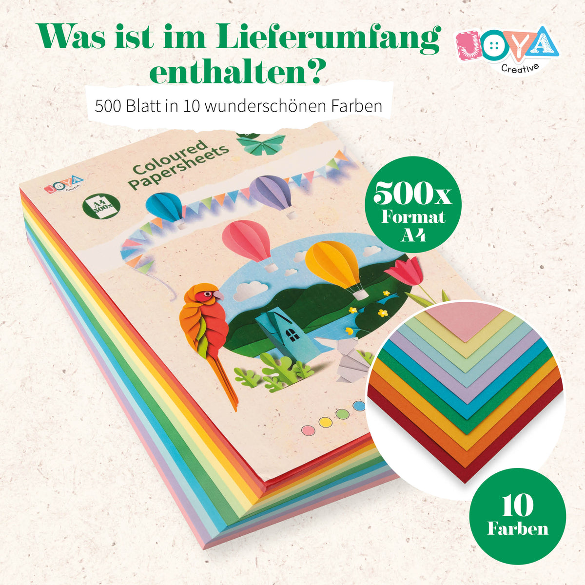 Joya Creative Farbiges Papier A4 500 Blatt – 10 Farben Bastelpapier 80g zum Falten, Basteln, für Schule und Hobby