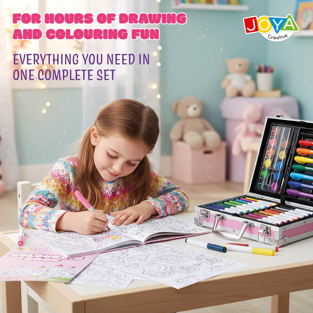 Joya Creative Luxe Art Case for Girls – Complete 150+ Piece Drawing and Painting Set with Canvas, Markers, and Coloring Book