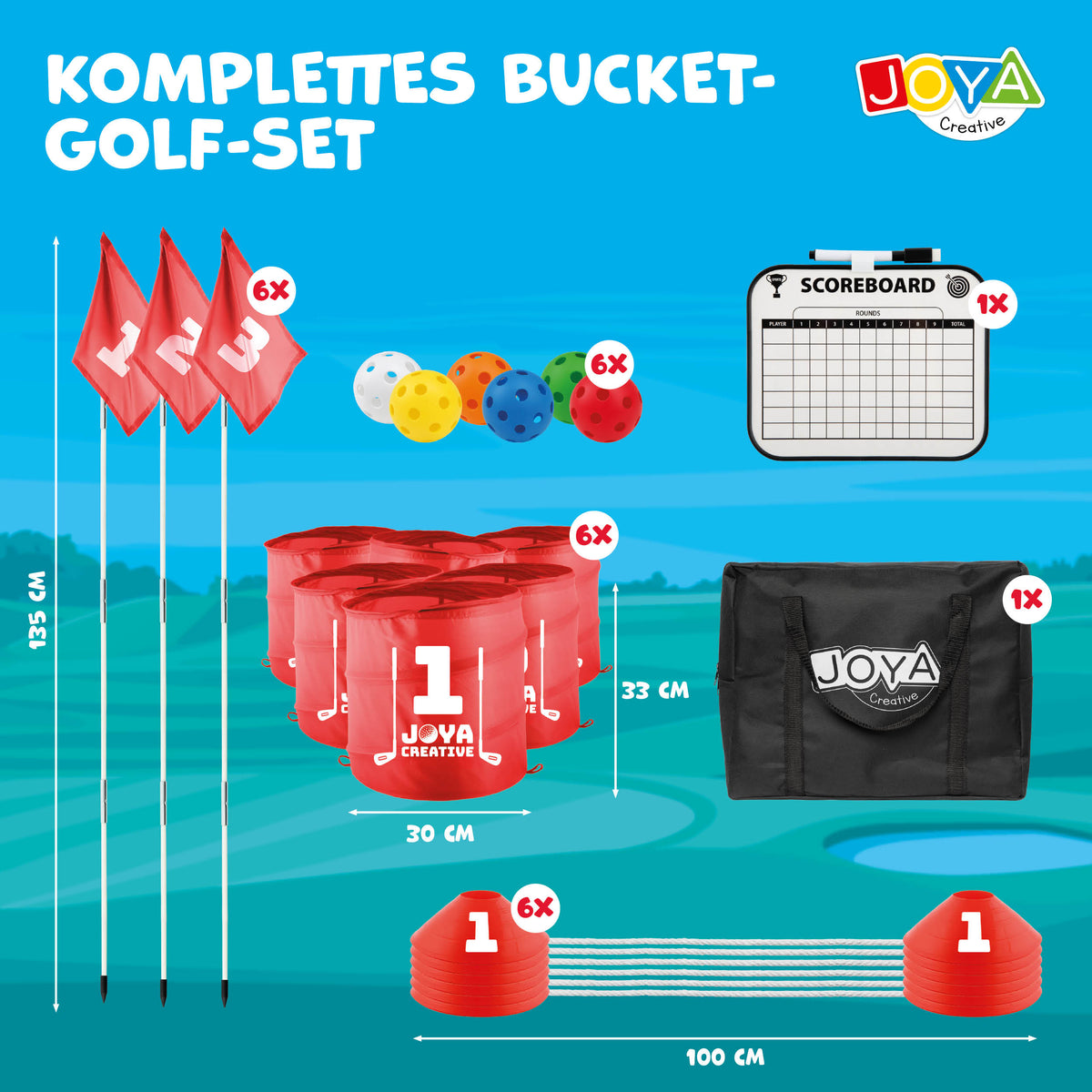 Joya Creative Bucket Golf 6 Löcher – Komplettes Golfspiel für Garten, Camping und Familie mit Aufbewahrungstasche