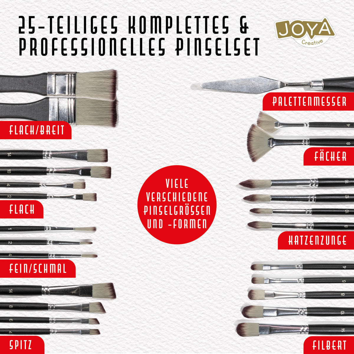 Joya Kreativ-Pinselsatz 25 Stück – Professionelle Pinsel und feine Pinsel für Acrylfarbe, Aquarell und Ölfarbe
