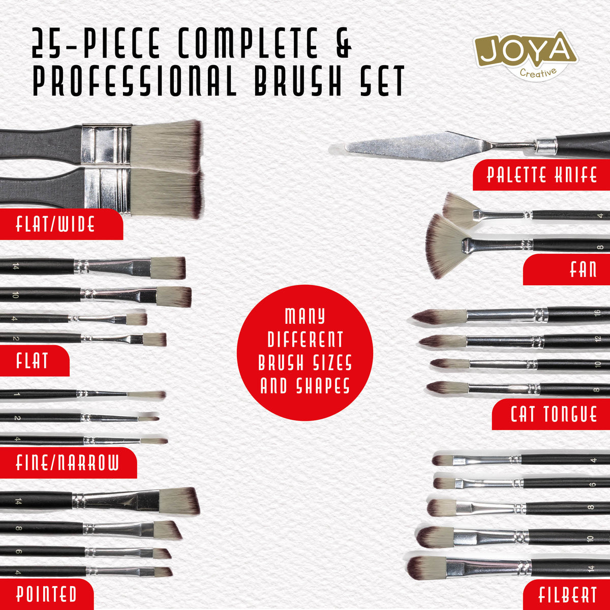 Joya Creative 25-Piece Paint Brush Set – Professional Brushes and Fine Brushes for Acrylic, Watercolor, and Oil Paint