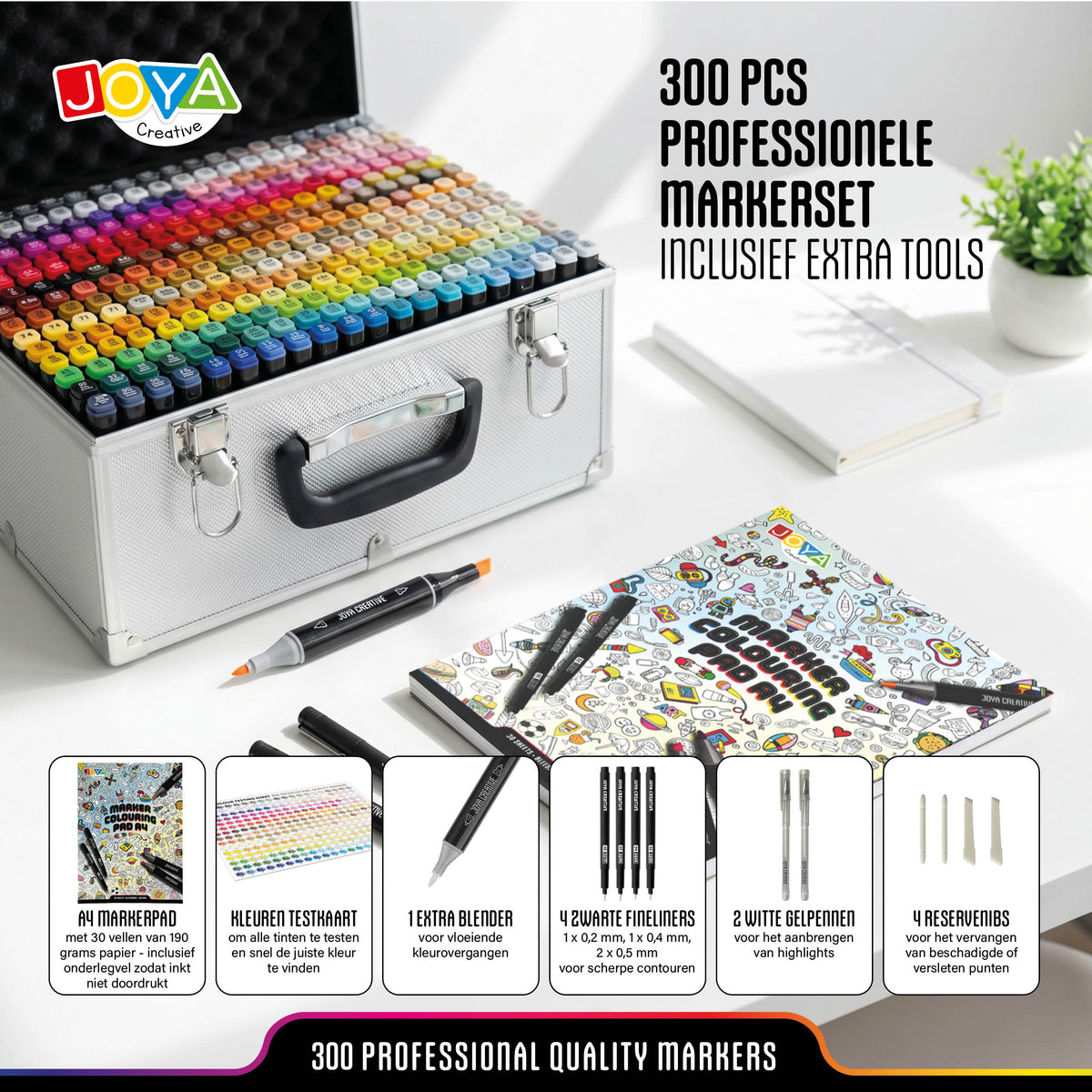 Joya Creative Set de Twinmarkers de 300 unidades - Rotuladores profesionales con alcohol y maletín metálico, bloc para rotuladores, fineliners y bolígrafos de gel