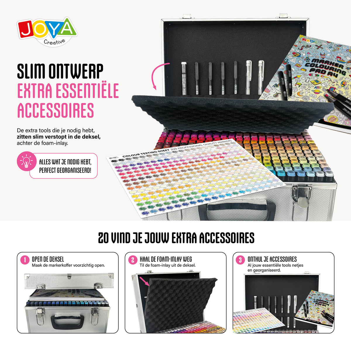 Joya Creative Set de Twinmarkers de 300 unidades - Rotuladores profesionales con alcohol y maletín metálico, bloc para rotuladores, fineliners y bolígrafos de gel