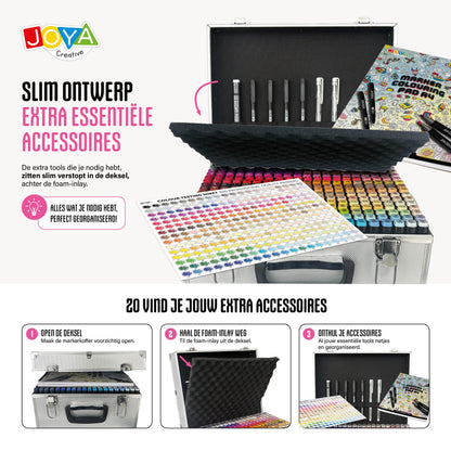 Joya Creative Set de Twinmarkers de 300 unidades - Rotuladores profesionales con alcohol y maletín metálico, bloc para rotuladores, fineliners y bolígrafos de gel