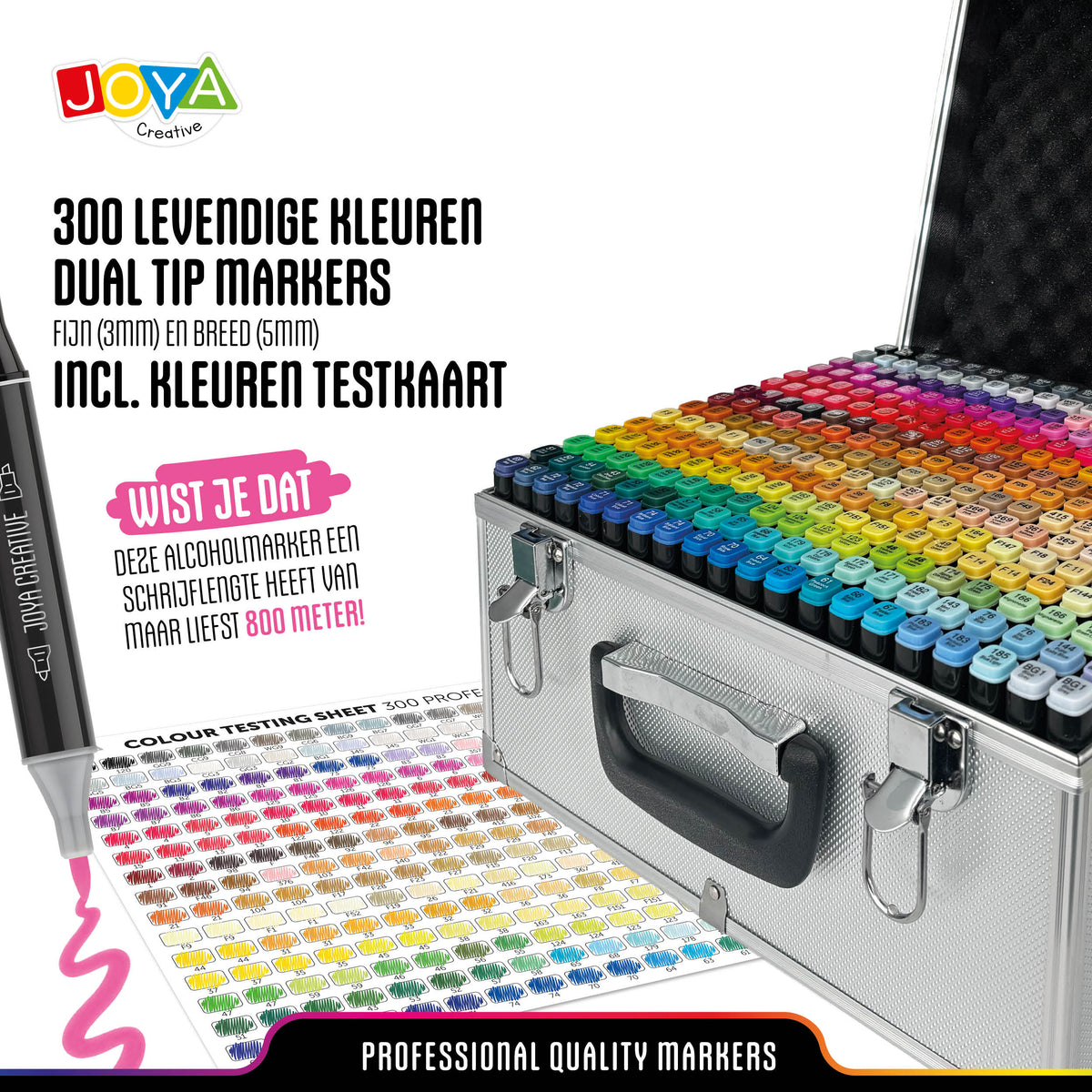 Joya Creative Set de Twinmarkers de 300 unidades - Rotuladores profesionales con alcohol y maletín metálico, bloc para rotuladores, fineliners y bolígrafos de gel