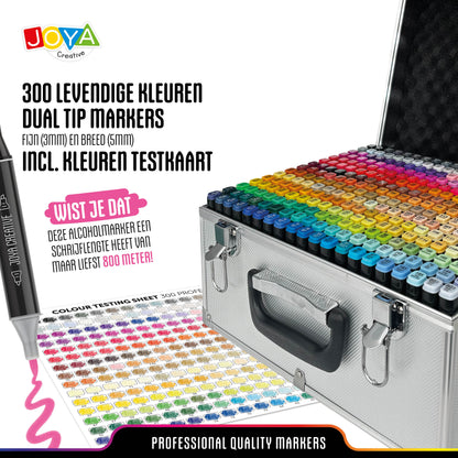 Joya Creative Set de Twinmarkers de 300 unidades - Rotuladores profesionales con alcohol y maletín metálico, bloc para rotuladores, fineliners y bolígrafos de gel