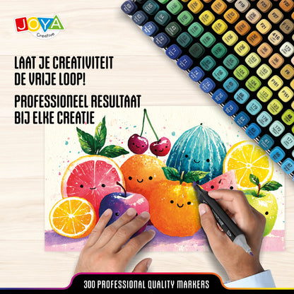 Joya Creative Set de Twinmarkers de 300 unidades - Rotuladores profesionales con alcohol y maletín metálico, bloc para rotuladores, fineliners y bolígrafos de gel