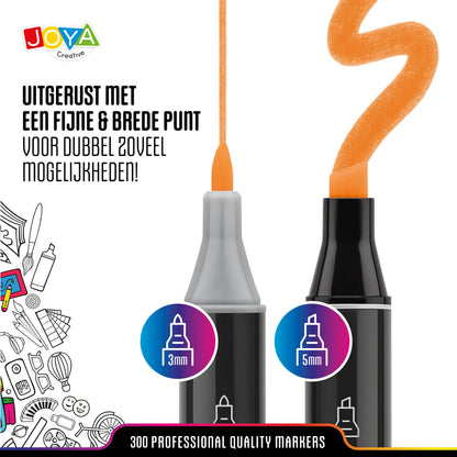 Joya Creative Set de Twinmarkers de 300 unidades - Rotuladores profesionales con alcohol y maletín metálico, bloc para rotuladores, fineliners y bolígrafos de gel