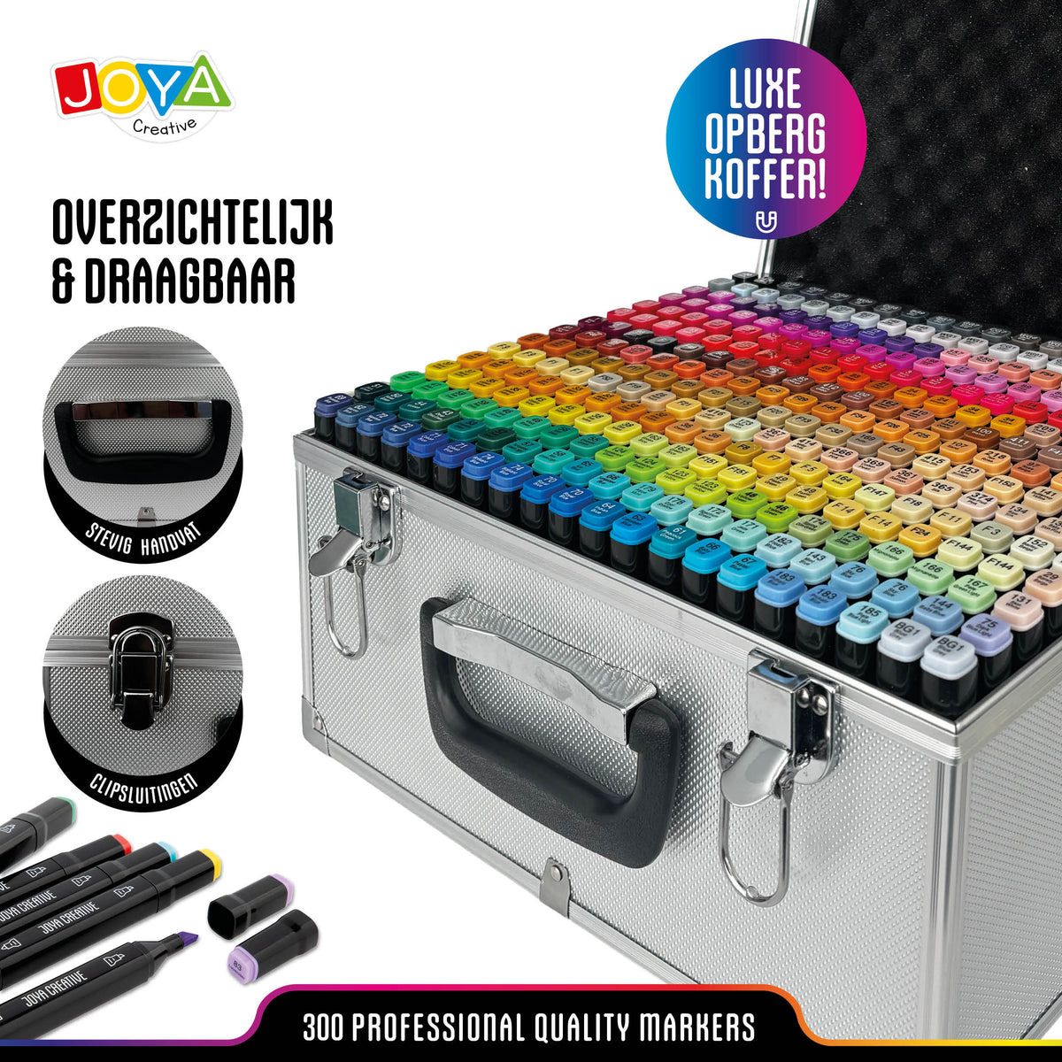 Joya Creative Set de Twinmarkers de 300 unidades - Rotuladores profesionales con alcohol y maletín metálico, bloc para rotuladores, fineliners y bolígrafos de gel