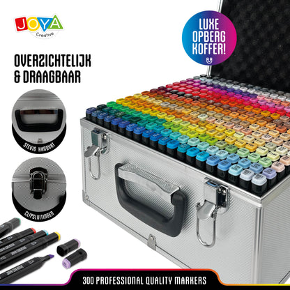 Joya Creative Set de Twinmarkers de 300 unidades - Rotuladores profesionales con alcohol y maletín metálico, bloc para rotuladores, fineliners y bolígrafos de gel