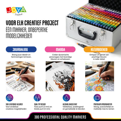 Joya Creative Set de Twinmarkers de 300 unidades - Rotuladores profesionales con alcohol y maletín metálico, bloc para rotuladores, fineliners y bolígrafos de gel