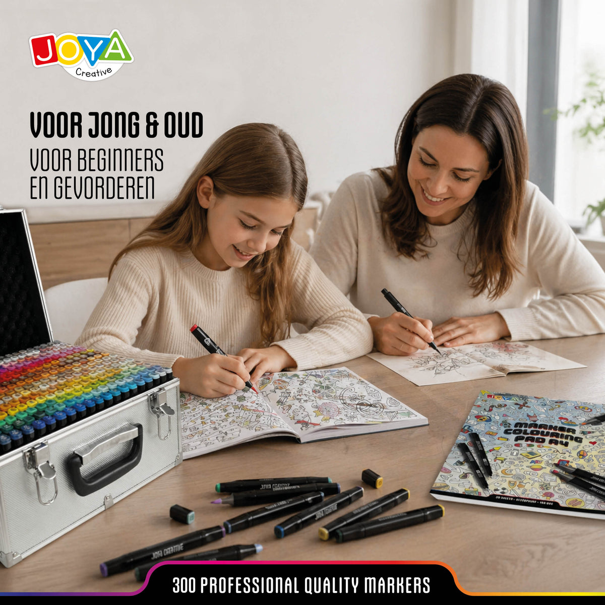 Joya Creative Set de Twinmarkers de 300 unidades - Rotuladores profesionales con alcohol y maletín metálico, bloc para rotuladores, fineliners y bolígrafos de gel