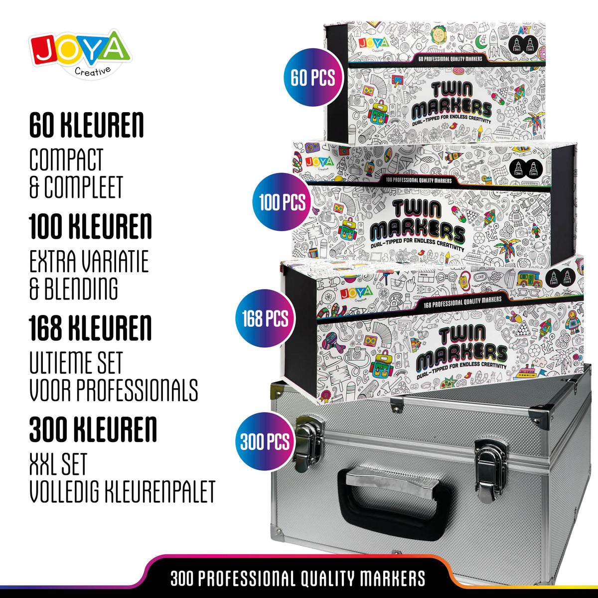 Joya Creative Set de Twinmarkers de 300 unidades - Rotuladores profesionales con alcohol y maletín metálico, bloc para rotuladores, fineliners y bolígrafos de gel