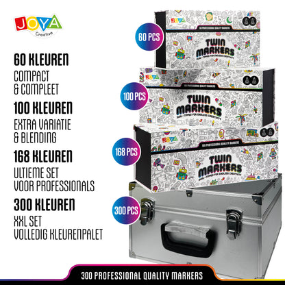 Joya Creative Set de Twinmarkers de 300 unidades - Rotuladores profesionales con alcohol y maletín metálico, bloc para rotuladores, fineliners y bolígrafos de gel