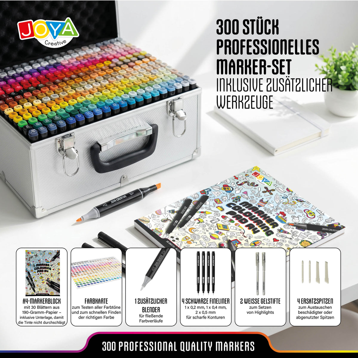 Joya Creative Twinmarkers Set 300 Stück – Professionelle Alkohol Marker mit Metallkoffer, Markerpad, Finelinern & Gelstiften