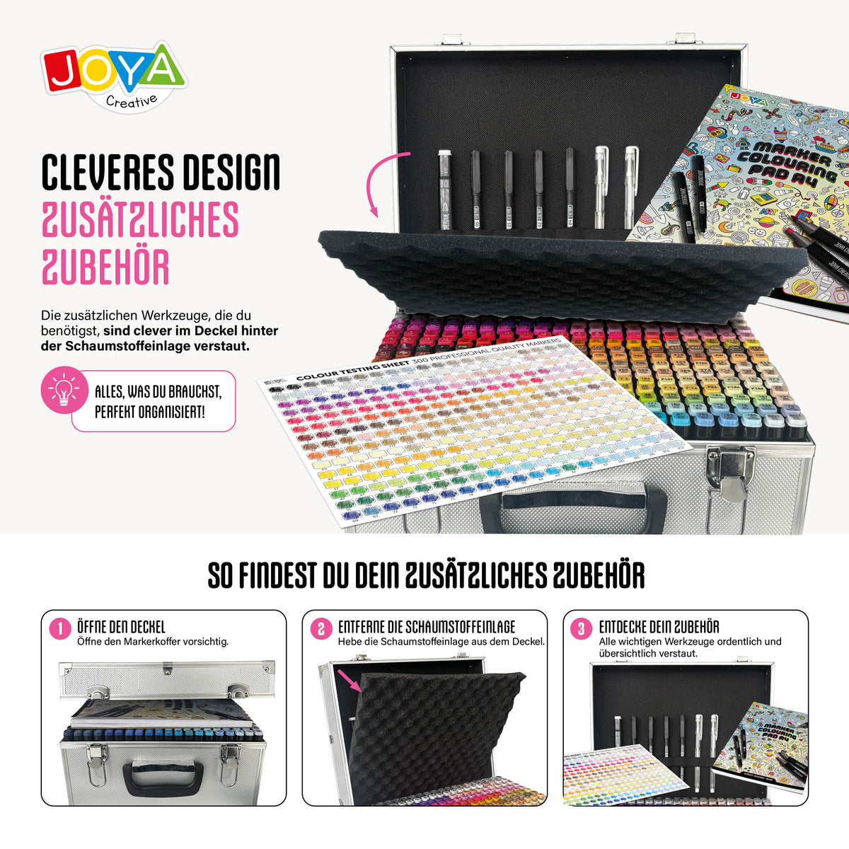 Joya Creative Twinmarkers Set 300 Stück – Professionelle Alkohol Marker mit Metallkoffer, Markerpad, Finelinern & Gelstiften