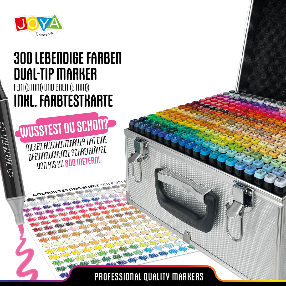 Joya Creative Twinmarkers Set 300 Stück – Professionelle Alkohol Marker mit Metallkoffer, Markerpad, Finelinern & Gelstiften