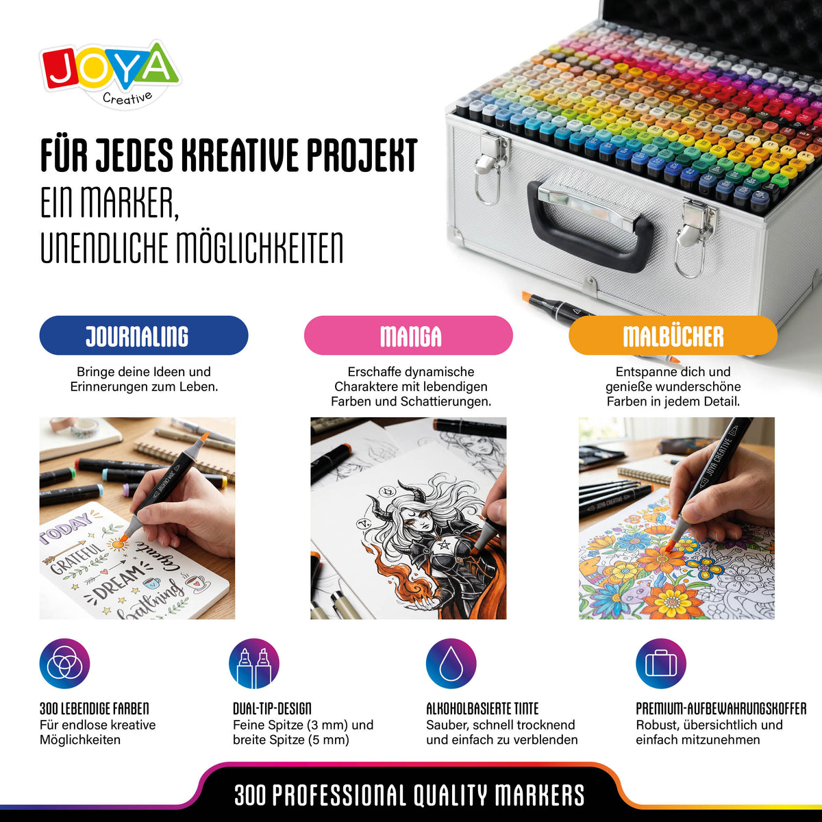 Joya Creative Twinmarkers Set 300 Stück – Professionelle Alkohol Marker mit Metallkoffer, Markerpad, Finelinern & Gelstiften