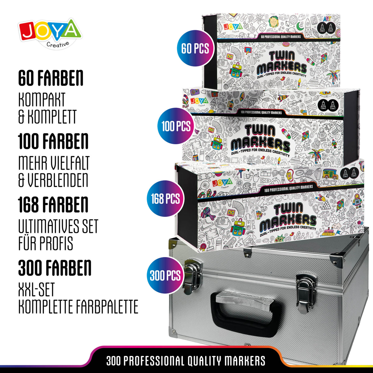 Joya Creative Twinmarkers Set 300 Stück – Professionelle Alkohol Marker mit Metallkoffer, Markerpad, Finelinern & Gelstiften