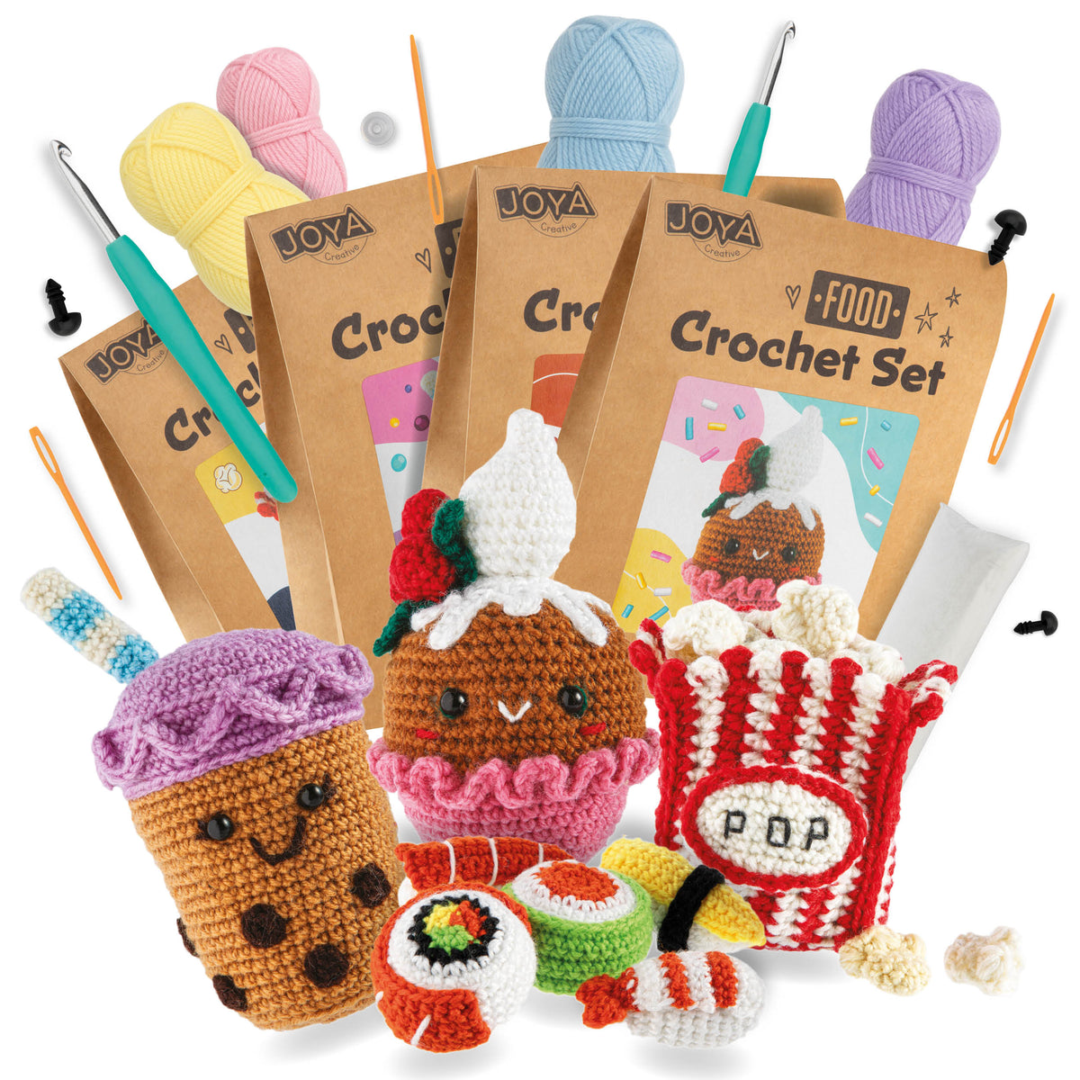 Joya Creative Haakpakket Food 4 Delig – Amigurumi Haakset met Sushi, Bubble Tea, Popcorn en Cupcake voor Beginners