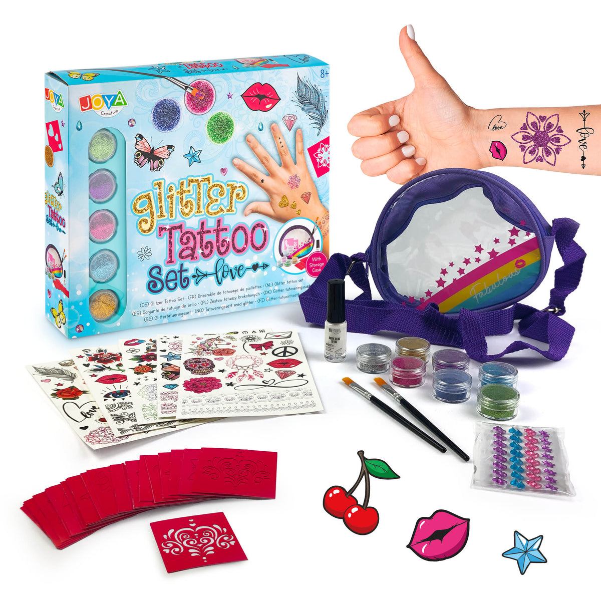 Joya Creative Glitter Tattoo Set XXL – Biologisch Afbreekbare Glitter Tattoos met Sjablonen voor Kinderen