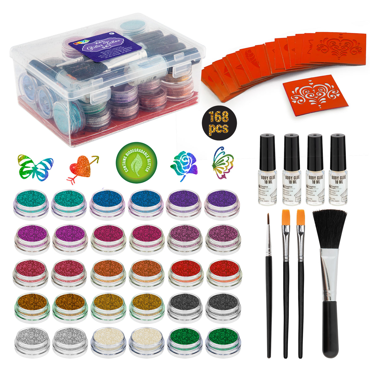 Joya Creative Set XXL de tatuajes con purpurina – Purpurina biodegradable para tatuajes de festivales, carnaval y fiestas infantiles