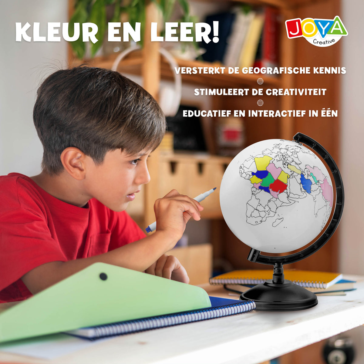 Joya Creative Wereldbol Inkleuren – Educatieve Wereldbol met Uitwisbare Markers voor Kinderen