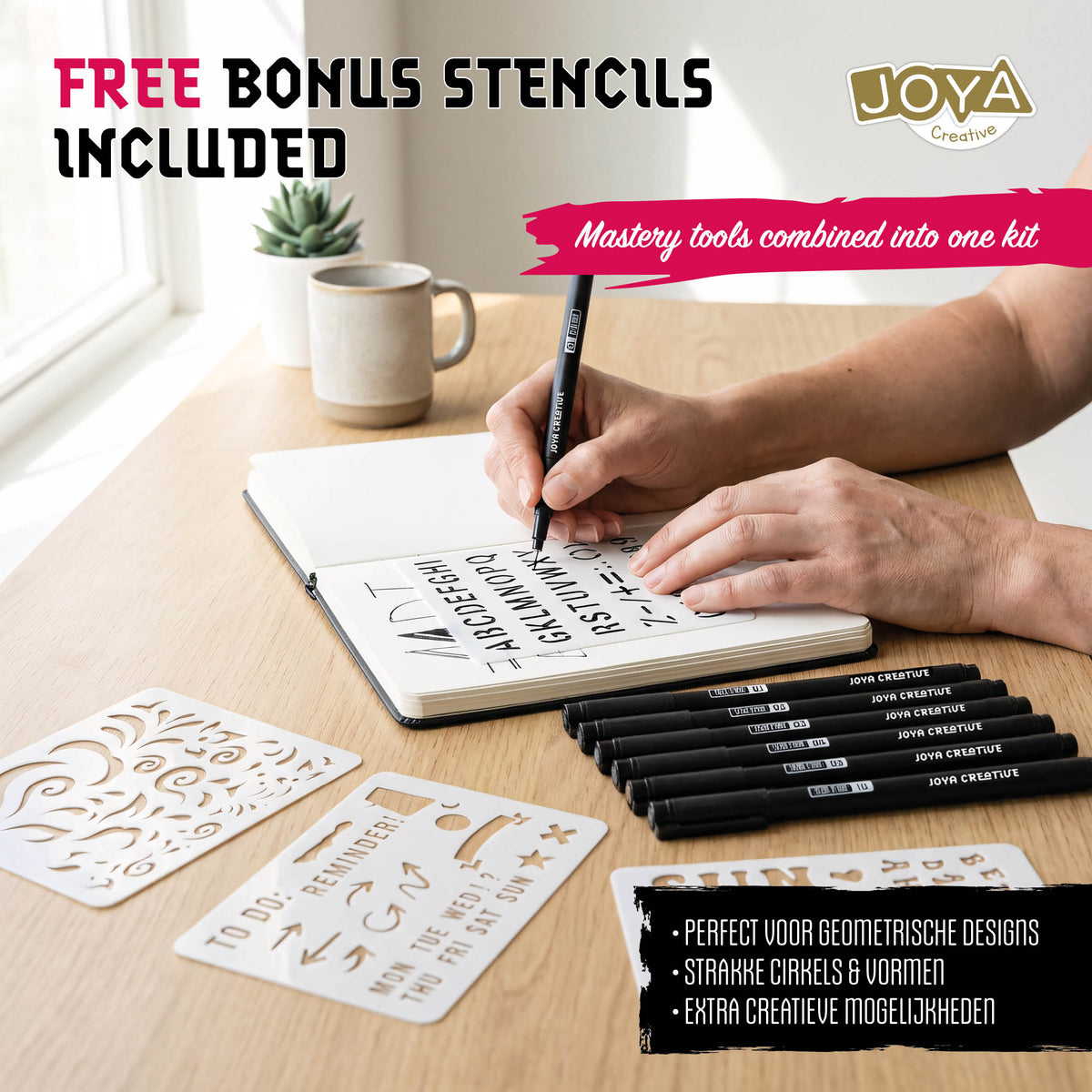 Joya Creative Masterkit de fineliners Black Edition – 10 fineliners negros, cuaderno de bocetos, pincel de agua y plantillas de dibujo