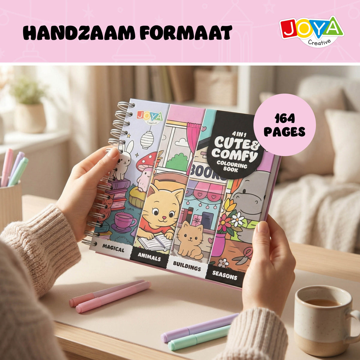 Joya Creative Cute Comfy Colouring Book 4-in-1 – 164 Kleurplaten voor Volwassenen en Kinderen met Magical Animals, Buildings & Seasons