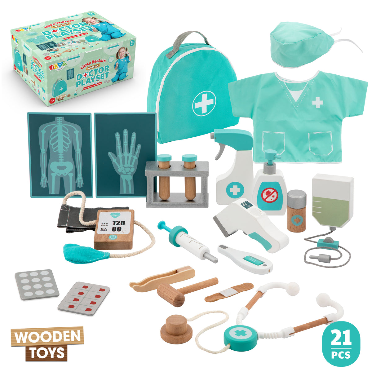 Joya Creative Set de médico de madera de 21 piezas - Maletín de médico FSC con bata de médico para niños