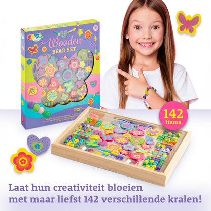Joya Creative Set de 142 piezas para hacer joyas de madera - Set de abalorios FSC con caja de almacenamiento de madera para niños