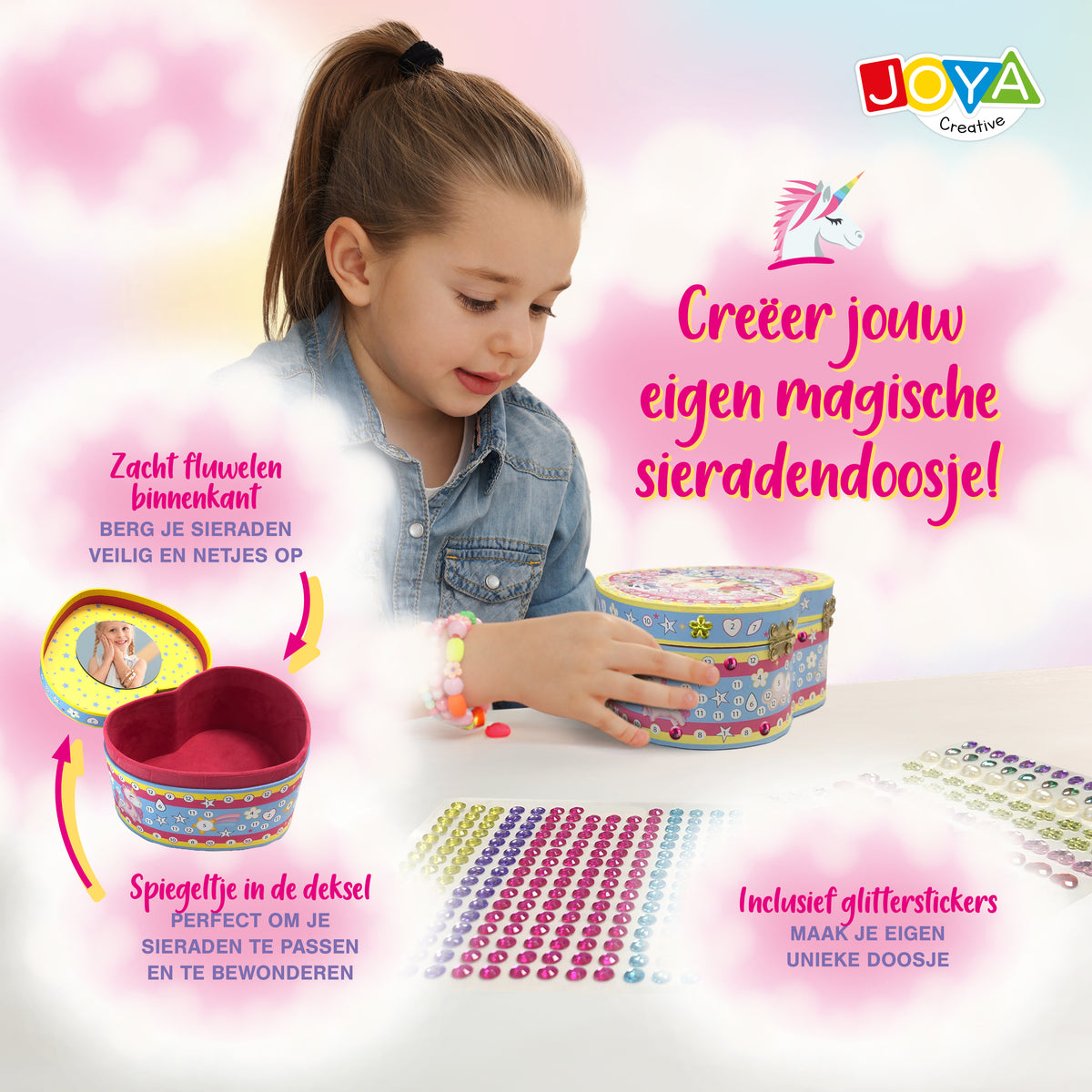 Joya Creative Unicorn Jewellery Box Decorating – DIY Craft Kit for Girls with Glitter Stickers and Bracelet