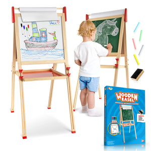 Joya Creative Wooden Drawing Board 3-in-1 – Magnetic Whiteboard, Chalkboard and Paper Roll for Children