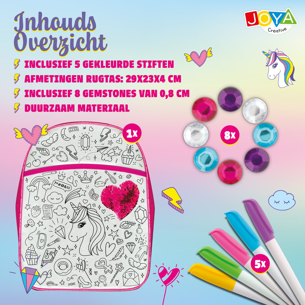 Joya Creative Mochila de unicornio para colorear – Kit de manualidades DIY con rotuladores textiles para niñas