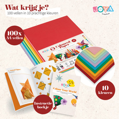 Joya Creative Papel de colores A4 de 100 hojas - Papel de manualidades de 80 gramos en 10 colores con libro de inspiración incluido