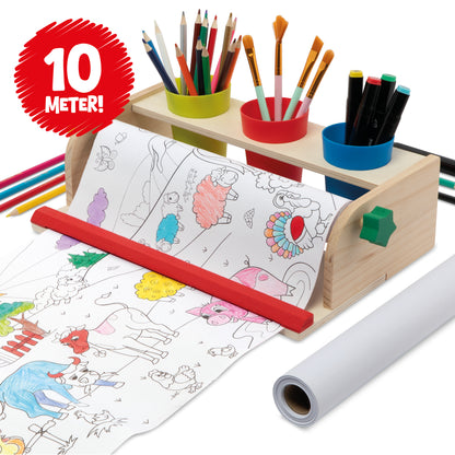Joya Creative Kleurplaat op Rol met Houten Papierrolhouder – 10 Meter Tekenrol voor Kinderen inclusief FSC Houten Tekenstation