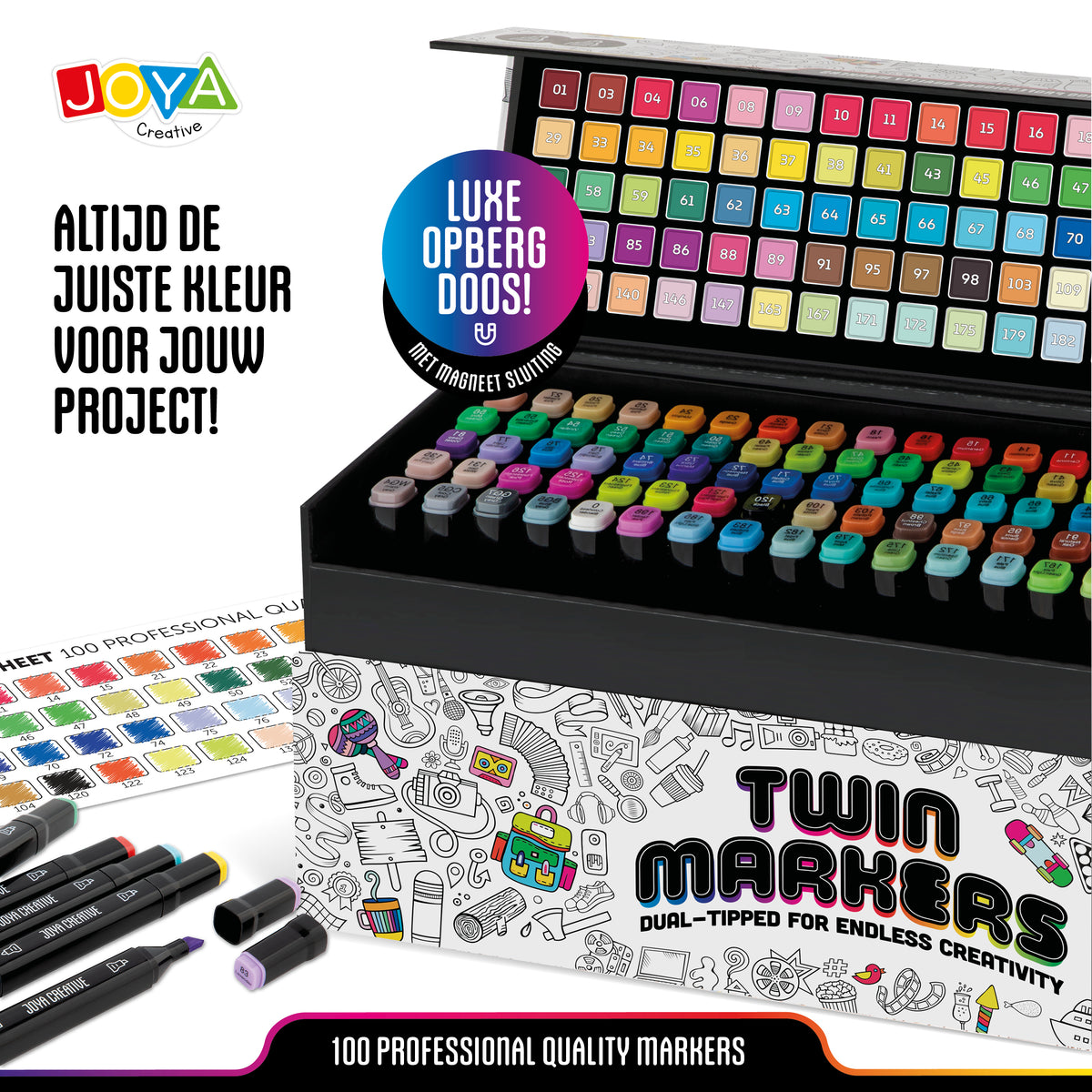 Joya Creative Set de 100 rotuladores Twinmarkers - Rotuladores con alcohol para adultos y niños - Rotuladores de doble punta - Punta fina y ancha - Estuche de lujo