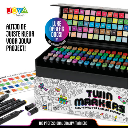 Joya Creative Set de 100 rotuladores Twinmarkers - Rotuladores con alcohol para adultos y niños - Rotuladores de doble punta - Punta fina y ancha - Estuche de lujo
