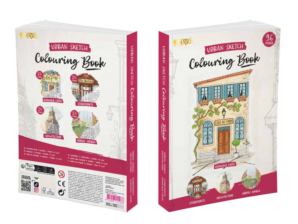 Joya Creative Urban Coloring Book for Adults – 96 Urban Sketching Designs on 300g Paper with Cozy Storefronts, Famous Architecture, Sidewalk Cafés & Urban Jungle