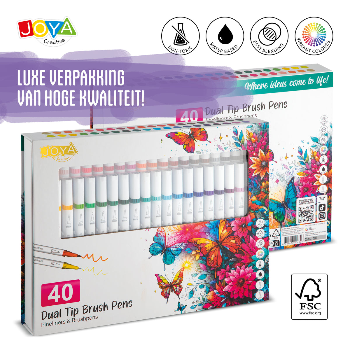 Joya Creative Fineliner Brush Pens Set 40pcs - Pens for Adults and Children - Bullet Journaling - Hand Lettering - Colored Fineliners - Drawing Pen Set