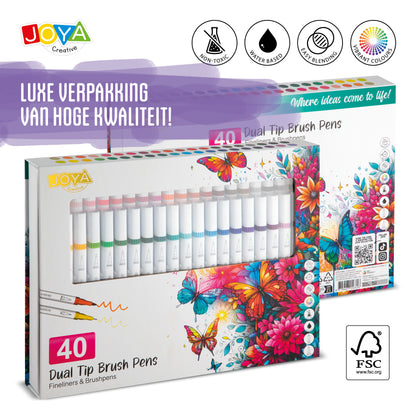Joya Creative Fineliner Brush Pens Set 40pcs - Pens for Adults and Children - Bullet Journaling - Hand Lettering - Colored Fineliners - Drawing Pen Set