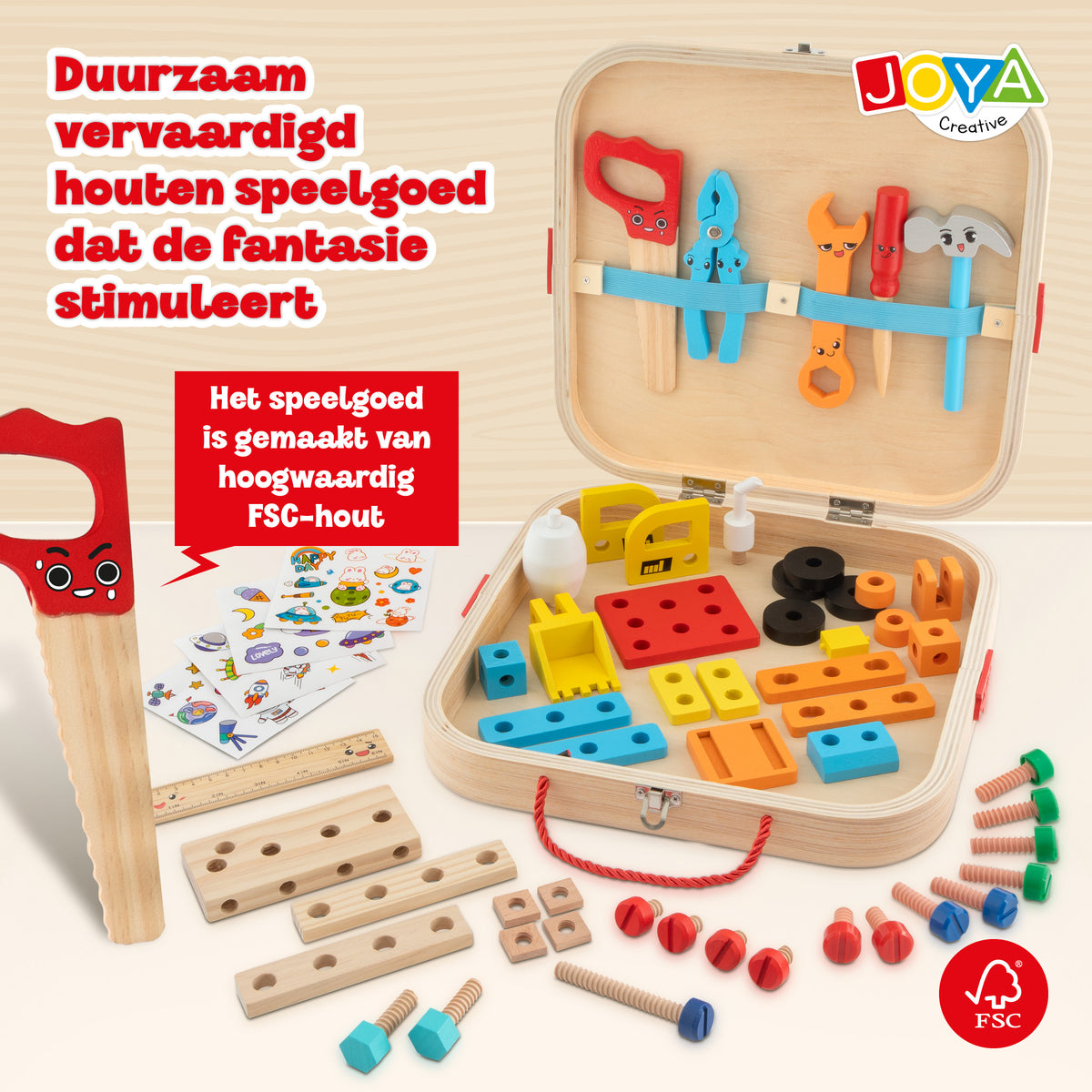Joya Creative Houten Gereedschapskist 57 Delig – FSC Gereedschap Speelgoed met Werkbank voor Kinderen