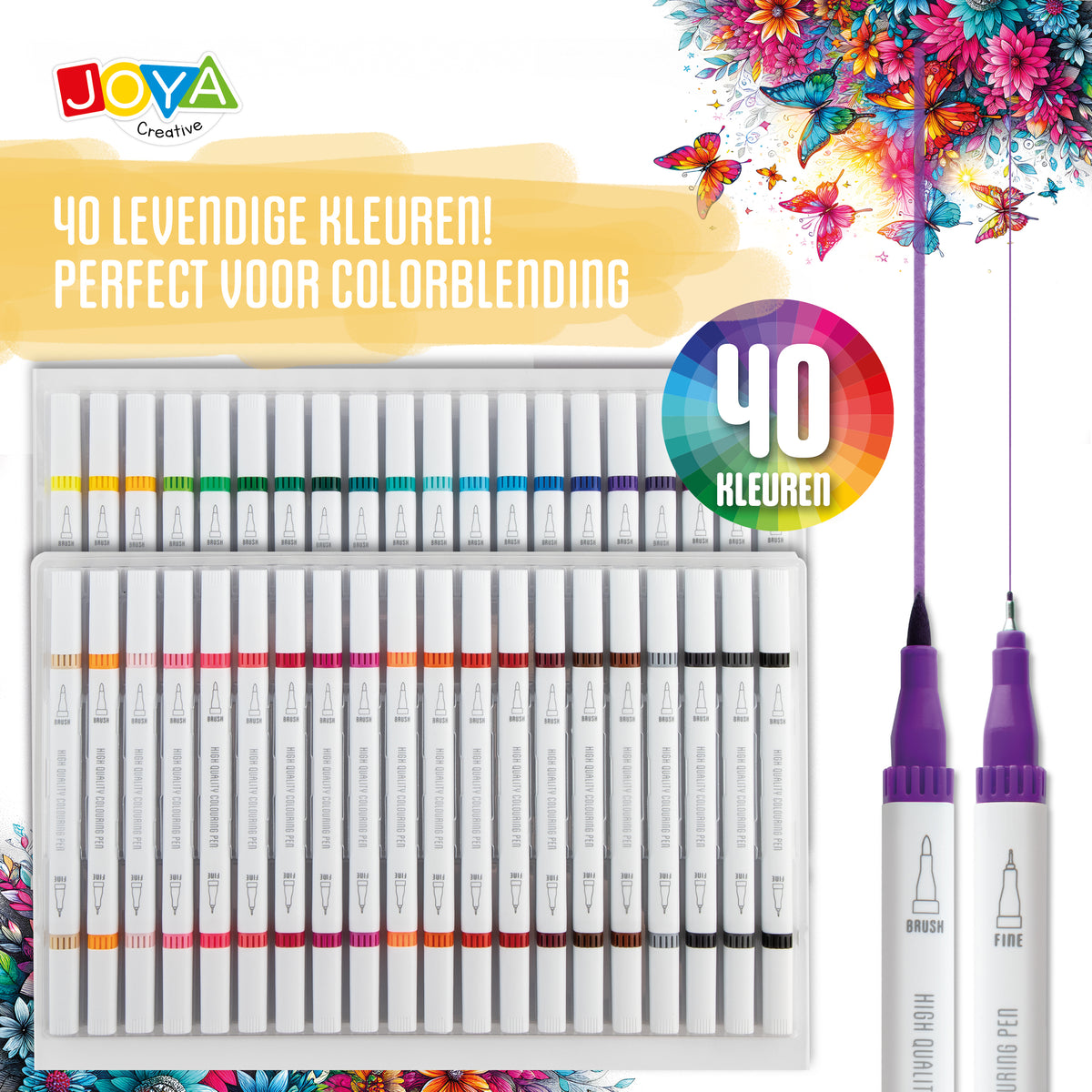 Joya Creative Fineliner Brush Pens Set 40pcs - Pens for Adults and Children - Bullet Journaling - Hand Lettering - Colored Fineliners - Drawing Pen Set